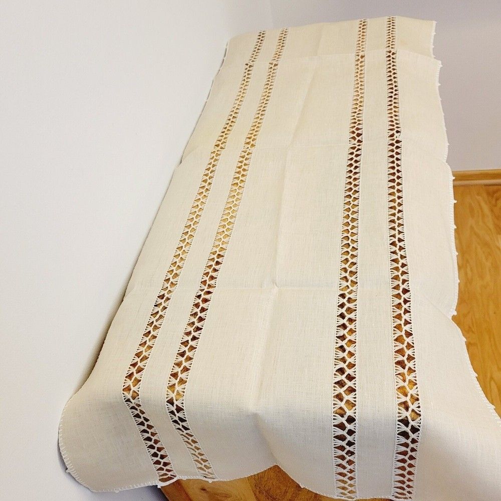 Handmade Vintage Drawd Thread Work Tablecloth Linen Table Runner